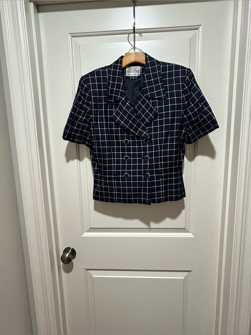 Le Suit women’s size 8 Navy Windowpane Double-Breasted Short Sleeve blazer